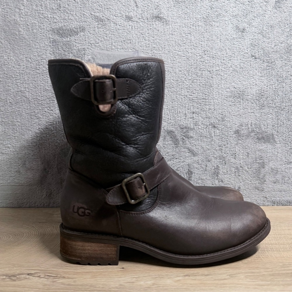 UGG Simmens Shearling Lined Boots Size 9.5 Brown Buckle Moto Cozy Winter - Picture 2 of 13